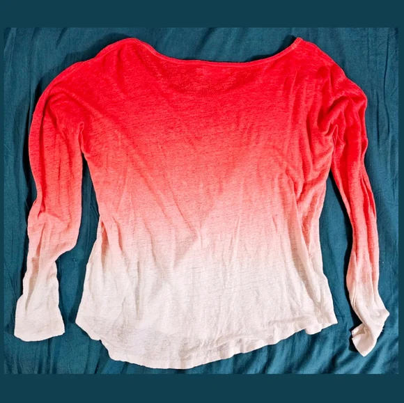 Velvet Brand - Deep Coral to White Ombre Linen Longsleeve Boxy Top - Picture 2 of 4